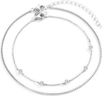 Mint & Lily Bezel Set Diamond Bracelet and Box Chain Bracelet Stacking Set in Silver at Nordstrom