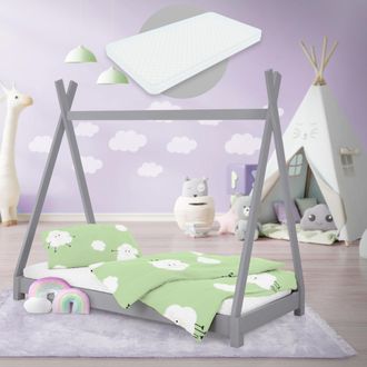 ML Design Ml-design - Cama Infantil Tipi De Madera Maciza De Pino Gris 80x160cm Con Colch&oacute;n De Espuma Fr&iacute;a Oeko-tex 100 Somier Armaz&oacute;n De Listones Cuna India Pa