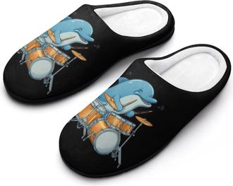 Generic Dolphin Playing Drum Drummer Funny Mens Cotton Slippers Soft Non-Slip Rubber Sole House Slipper Indoor Outdoor