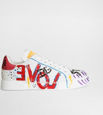 Dolce & Gabbana Calfskin Portofino Sneakers With Lettering - Woman Sneakers White Leather 35.5