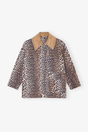 Ganni Brown Leopard Printed Canvas Midi Jacket - Size XXS/XS Organic Cotton