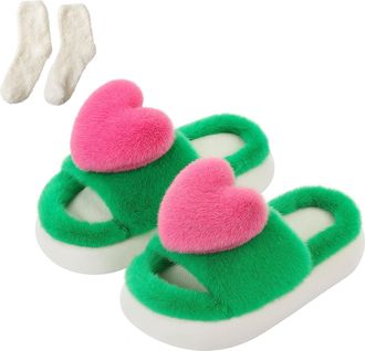 Generic Heart Plush Slippers Women Men, 3D Winter House Slides, Cozy Fuzzy Fluffy Soft Shoes With Socks (Green, M, Adult, Women, 9, Numeric Range, UK Footwear