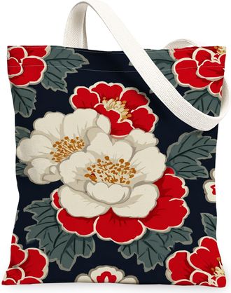 Generic Floral Canvas Tote Bags, Vintage Flower Design Reusable Grocery Bags, Lightweight Washable Shoulder Strap Canvas for Gym Ou, Red, 13x15 Inch