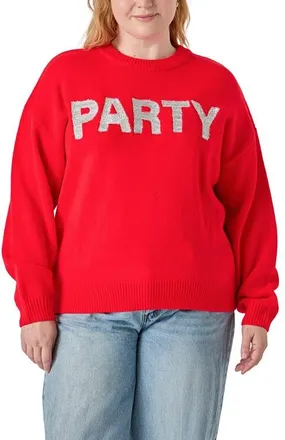 English Factory Silvery tinsel-like yarn brings a celebratory effect to this relaxed-fit sweater emblazoned with the call to party at the chest. in