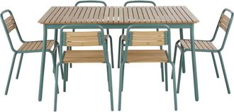 Maisons du monde Mesa de jard&iacute;n para 6 personas, L. 147, con sillas (x6) de aluminio azul verdoso y madera de eucalipto macizo