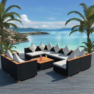 vidaXL Set De Muebles De Jard&iacute;n 9 Pzas Y Cojines Rat&aacute;n Sint&eacute;tico Negro Vidaxl