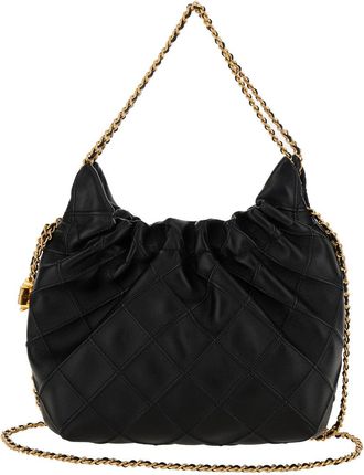 Tory Burch Womens Shoulder Bag Fleming Grained Black Leather Lamb