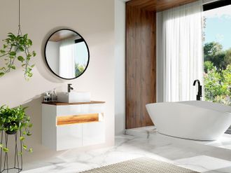Vente-Unique Mobile per il bagno sospeso a LED con lavabo da appoggio Bianco e Naturale scuro L80 cm POZEGA