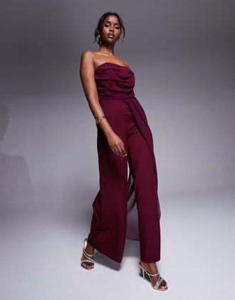 Asos bandeau chiffon bodice tailored pants jumpsuit in burgundy-Black