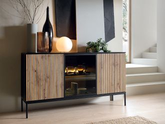 Vente-Unique Credenza 3 ante con LED in MDF e Vetro fum&eacute; Nero e Naturale - OVILA