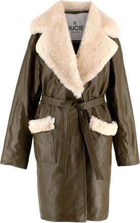 Ducie London Olive Green Leather Trench Coat with Shearling Trim Size S