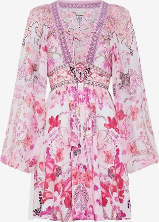 Camilla Minikleid aus Seide Lace Up Front Botanical Novella