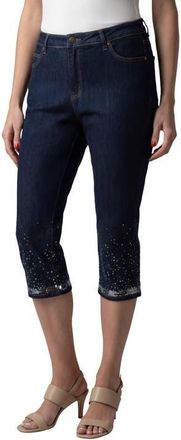 Roaman's Plus Size Sequin Trim Straight Leg Capri Jean in Dark Wash Silver Sequin Trim at Nordstrom, Size 32