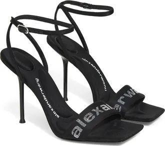Alexander Wang Julie Billboard Crystal Logo Ankle Strap Sandal in Black at Nordstrom, Size 35.5