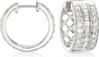 Ross-Simons Baguette and Round Diamond Hoop Earrings in Sterling Silver