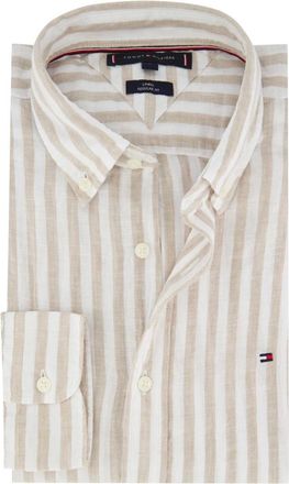 Tommy Hilfiger Overhemden, Heren, Beige, 3Xl, Linnen, Gestreept Casual Linnen Overhemd Beige