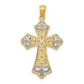Diamond2Deal 14k Yellow Gold Rhodium Polished Diamond-Cut Filigree Cross Pendant