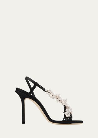 Jimmy Choo London 100mm Irina Pearly Asymmetric Satin Sandals
