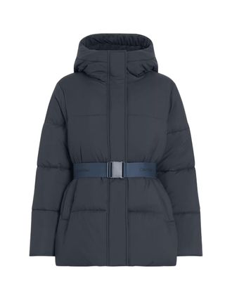 Calvin Klein Womens Short Puffer Jacket with Logo Belt, Blue (Ink), M