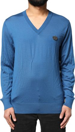 Dolce & Gabbana Blue Cashmere Crown V-neck Pullover Mens Sweater (Pre-Owned)