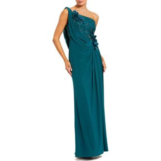 Mac Duggal Womens Jersey One Shoulder Cowl Gown With 3D Flowers in Ocean at Nordstrom, Size 12