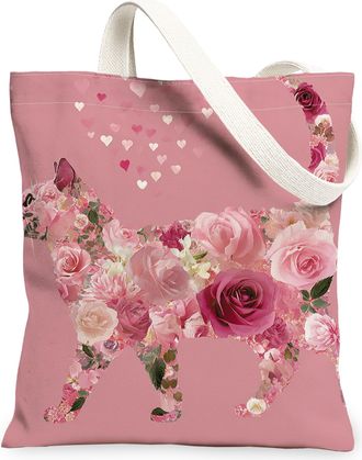 Generic Floral Cat Canvas Tote Bag, Elegant Flower Pattern Reusable Grocery Bags, Lightweight Washable Shoulder Strap Canvas Bags F, Peach, 13x15 Inch
