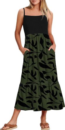 Generic Your Orders Maxi Dresses for Women UK with Pocket Fashion Floral Print Spaghetti Dress Elegant Square Neck Pleated Sundress Casual Plus Size Dress for