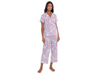 Lauren Ralph Lauren Short Sleeve Notch Collar Cropped Pants PJ Set Womens Pajama Sets Paisley : XL (US 16-18), Cotton/Viscose