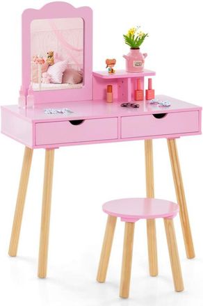 Costway 2-in-1 Toddler Kids Vanity Makeup Dressing Table & Chair Set W/ Mirror