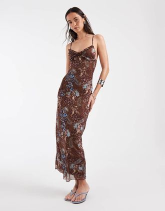 Motel Alnaka - Vestito lungo con spalline sottili marrone con stampa cachemire-Nero
