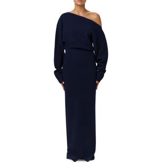 Naked Wardrobe One-Shoulder Long Sleeve Maxi Sweater Dress in Navy Blue at Nordstrom, Size Large