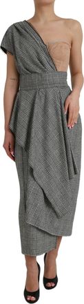 Dolce & Gabbana Gray Beige Layered One Shoulder Maxi Womens Dress