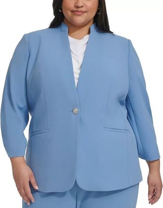 Calvin Klein Blazer Women Blue Gathered Cuff Stand Collar One-Button FTS1263