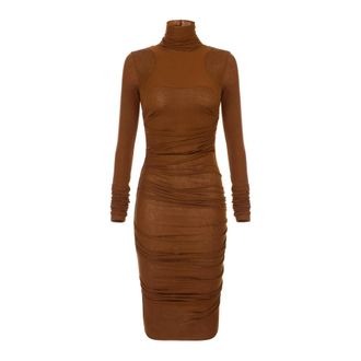 Elisabetta Franchi Midi Jurk met Geribbelde Inzet - Dames - Feestkleedjes - Bruin - XL - Wol - Kleedjes