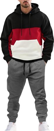 Generic Mens Tracksuit Jumper Casual Fit Long Sleeve Pullover Tracksuit Set Hoody Sweatshirt And Joggers 2 Piece Sets Color Block Drawstring Hooded Gym Sweats