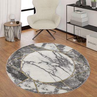 Paco Home Paco Home - Alfombra De Sal&oacute;n Oro- Gris, Dise&ntilde;o De M&aacute;rmol En 3-d, Resistente, Pelo Corto &Oslash; 160 Cm Redon