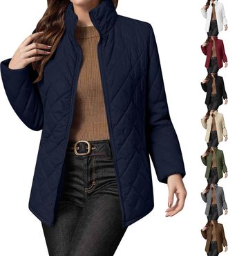 Generic Padded Jacket for Women UK Thermal Quilted Coats Fashion Stand Collar Long Sleeve Coat Elegant Solid Color Casual Winter Outerwear Womens Warm Jackets