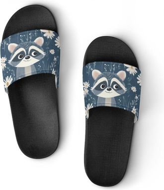 Generic Raccoon And Daisy Flowers Shower Shoes Slipper for Women Men Beach Slippers Quick Drying Non Slip Open-Toe Sandals