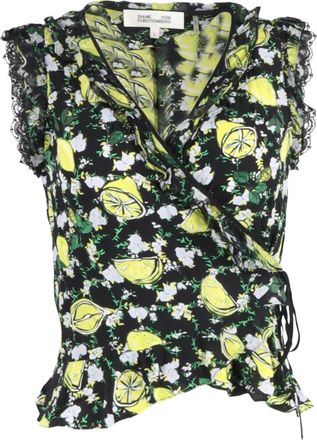 Diane Von Fürstenberg Diane Von Furstenberg Peona Lemon-Print Wrap Blouse Top in Multicolor Silk