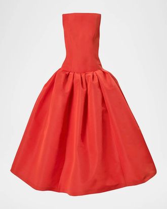 Carolina Herrera Strapless Drop-Waist Flared Silk Midi Dress
