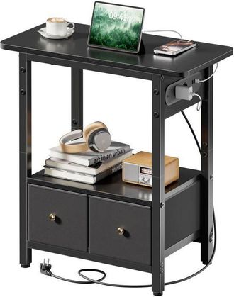 OEM Mesita De Noche - Ecofurnix - 2 Cajones De Tela - 2 Tomas De Corriente Y Puertos Usb - 60 X 30 X 60 Cm - Negro