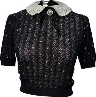 Alessandra Rich Contrast-Collar Crystal-Embellished Knitted Top in Black Wool