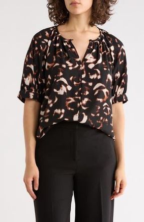 Nordstrom Rack Gathered Neck Puff Sleeve Top in Black- Ivory Floral Camo at Nordstrom Rack, Size X-Large