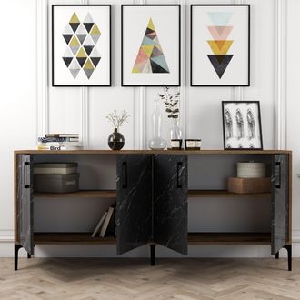 Dmora Credenza Pollein, Madia 2 Ripiani, 4 Ante, 4 Vani, 180x35x78h Cm Nero Marmo