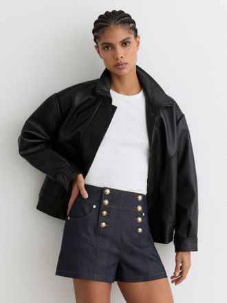 Reiss Dark Blue Button-detail Denim Shorts, 16