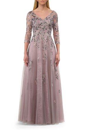 La Femme Two Tone Lace Applique Tulle A-line Gown with Illusion Sleeves in Silver/mauve at Nordstrom, Size 18