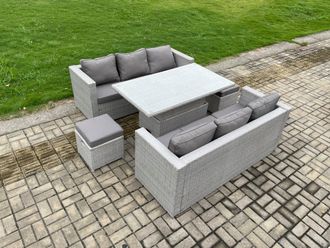 Fimous Rattan Garden Funiture Set Height Adjustable Rising Lifting Table Sofa Dining Set with 2 Small Footstools in Light Grey