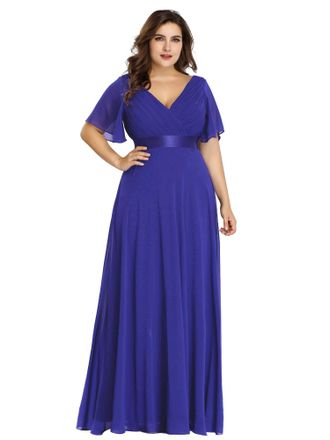 Ever-pretty Womens Double V Neck with Short Sleeves A Line Empire Waist Chiffon Long Bridesmaid Dresses Sapphire Blue Plus Size 24UK