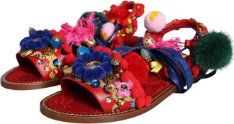 Dolce & Gabbana Womens Multicolor Pom Fur Wrap Sandals Shoes