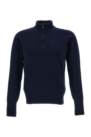 Drumohr Blue Half-Zip Flat-Knit Wool Turtleneck Sweater